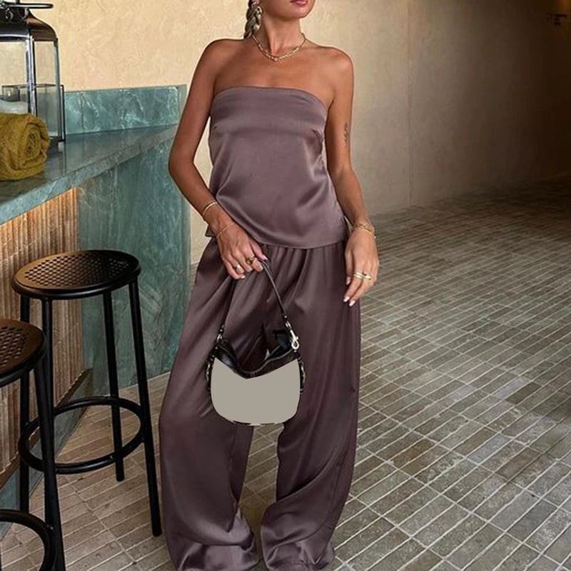 Satin Sleeveless Backless Women's Lace-Up Crop Top + Wide Leg Pants Solid Color 2-Piece Set