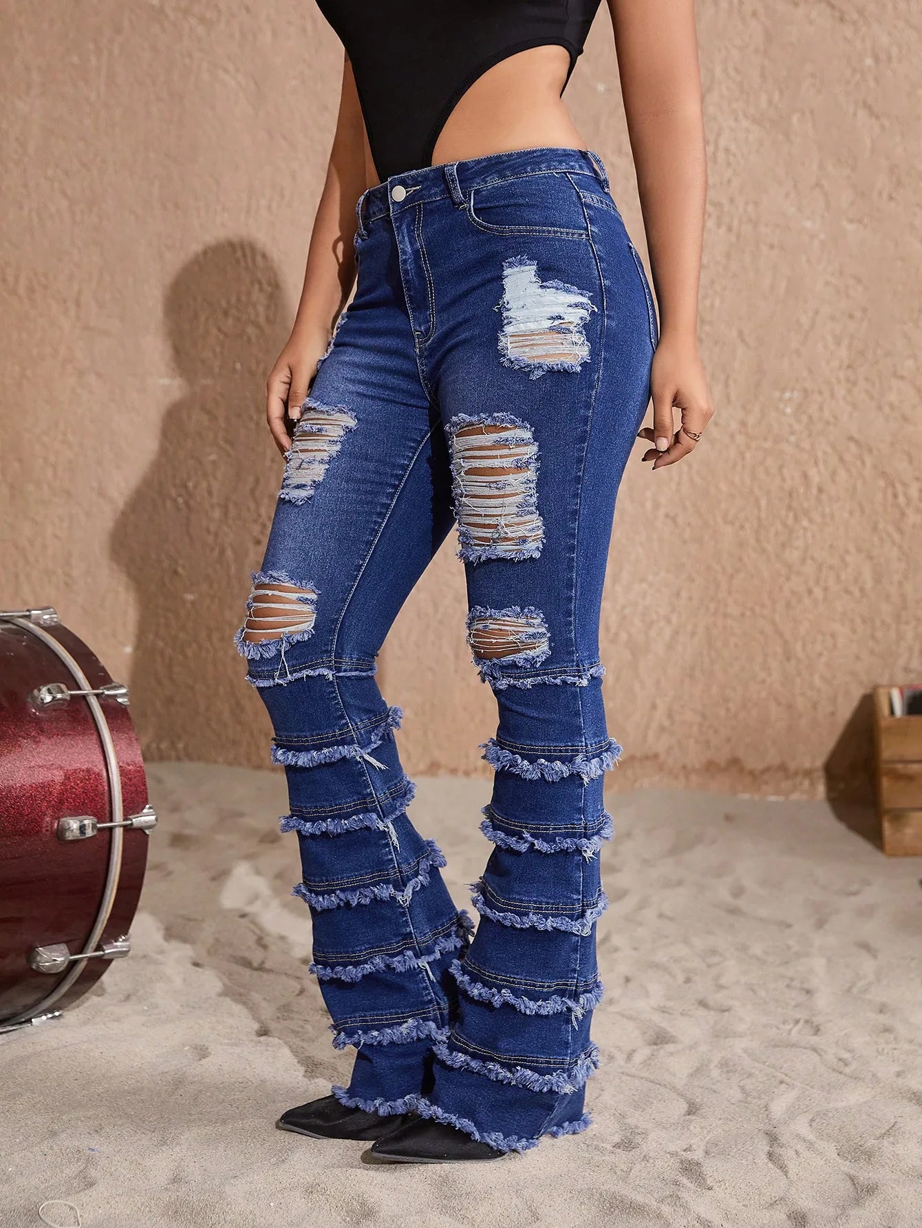 Ripped Denim Layered Fringe Raw Trim Flare Leg High Waist Women's Jeans