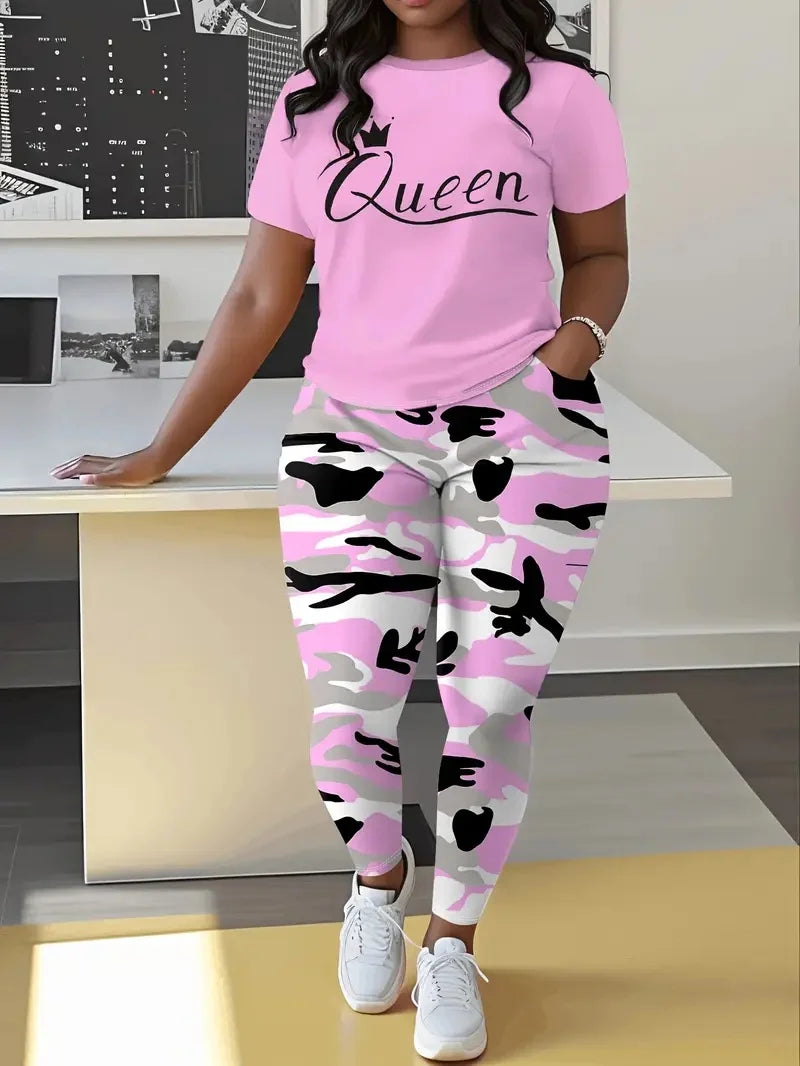 "Queen" Letter Print Women's O-Neck Short Sleeve T-Shirt + Camoflauge Pocketed Pants to 5X Plus Size