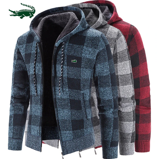 Men's Plaid Fleece Hoodie Checkered Hooded Knitted Cardigan Sweater Jacket