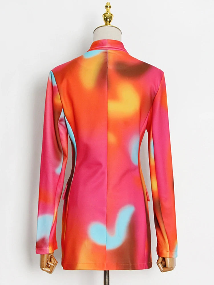 Tie-Dye Notched Collar Double Breasted Long Sleeve Blazer + Harem Pants Women's Suit