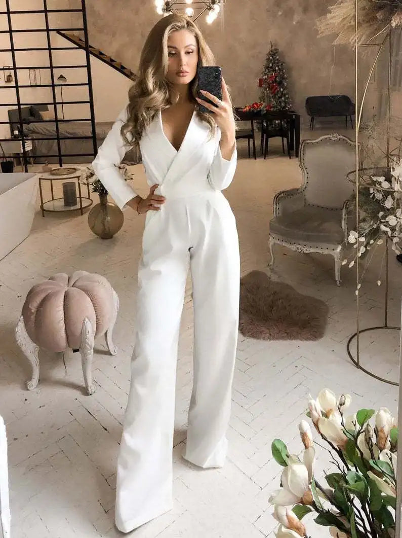 Solid Color Deep V-Neck Formal Office Loose Long Sleeve Wide Leg Pants Jumpsuit