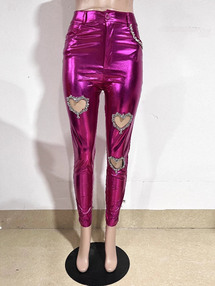 Rhinestone Metallic PU Leather Heart Cut-Out Design High Waist Women's Bodycon Pants