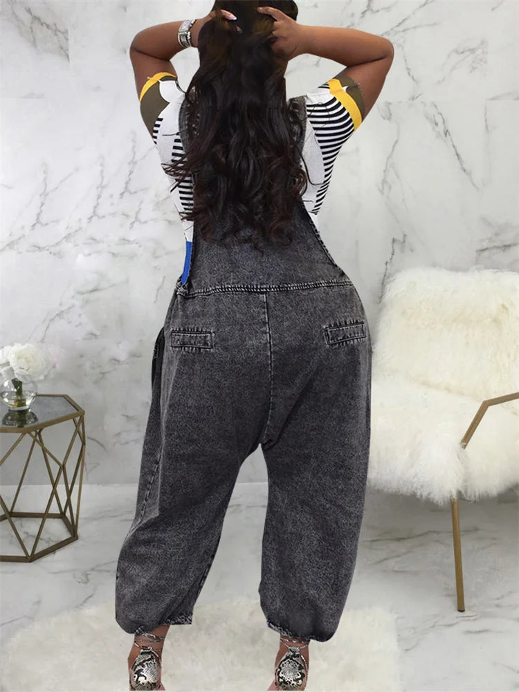 Women's Denim Cargo Pocketed Wide Leg Streetwear Overalls Jeans Jumpsuit