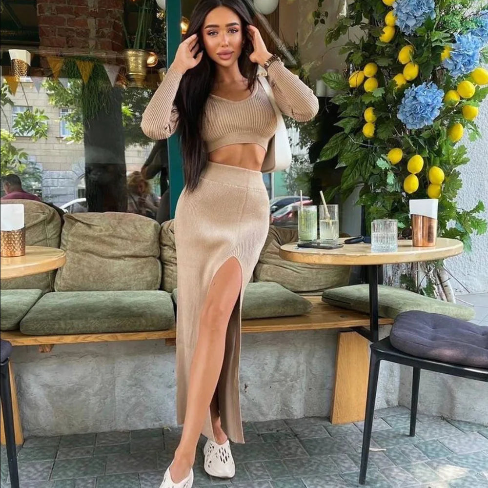 Knitted Y2K Solid Long Sleeve Pullover V-Neck Crop Sweater + High Slit Maxi Skirt 2-Piece Set