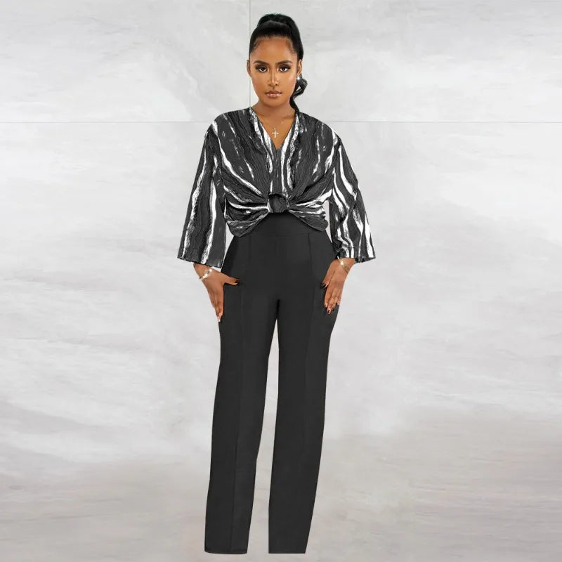 Swirl Colorblock Striped Long Sleeve Blouse +Solid Pants 2-Piece Set