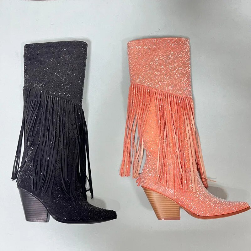 Glitter Crystal Long Tassel Knee High Wood Chunky Heel Pointed Toe Boots