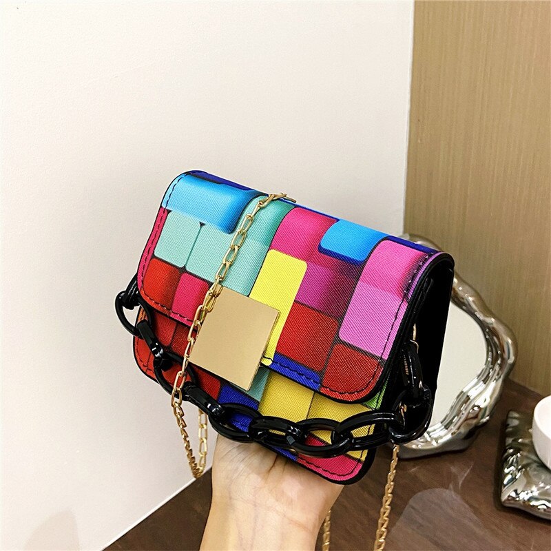 Rainbow Colorblock Luxury Messenger Small Square Purse