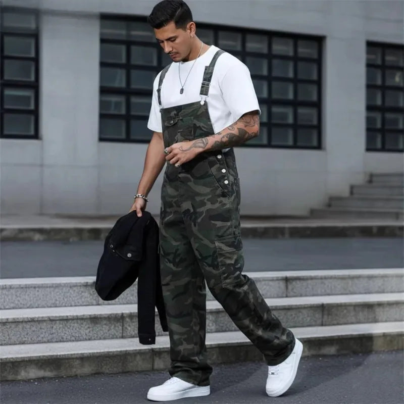 Men's Denim Sleeveless Camoflauge Jean Overalls