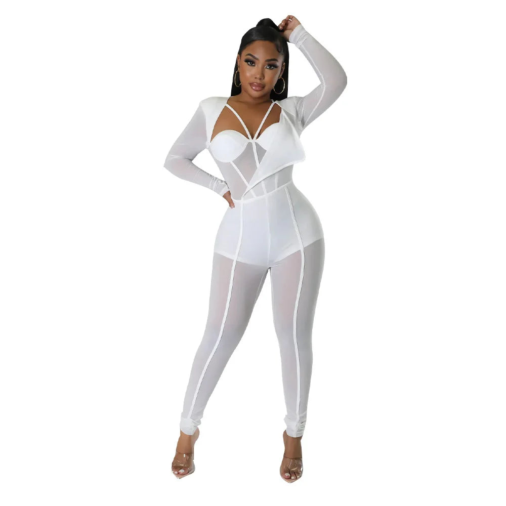 Sheer Transparent Corset Design Long Sleeve V-Neck Solid Color High Waist Jumpsuit