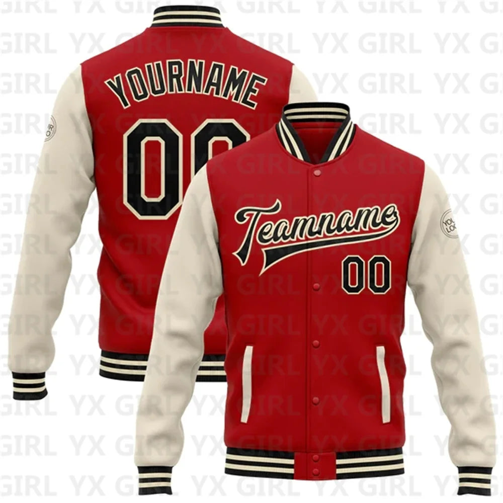 Customized Unisex Red Black-White Personalized Name Letter Print/Team Name 3D Print Full-Snap Varsity Letterman's 2-Tone Baseball Button-Up Bomber Jacket