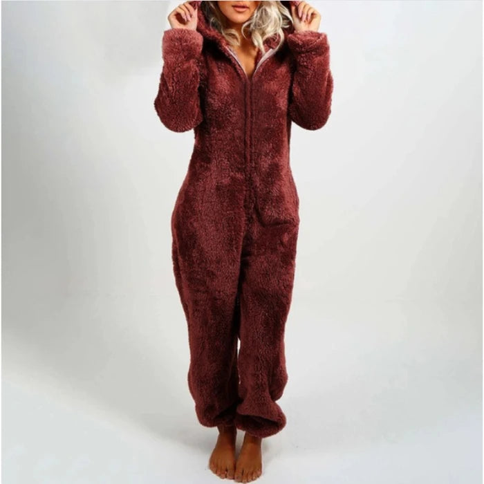 Faux Fur Fleece Women's Onesie Zipper Hoodie Teddy Jumpsuit