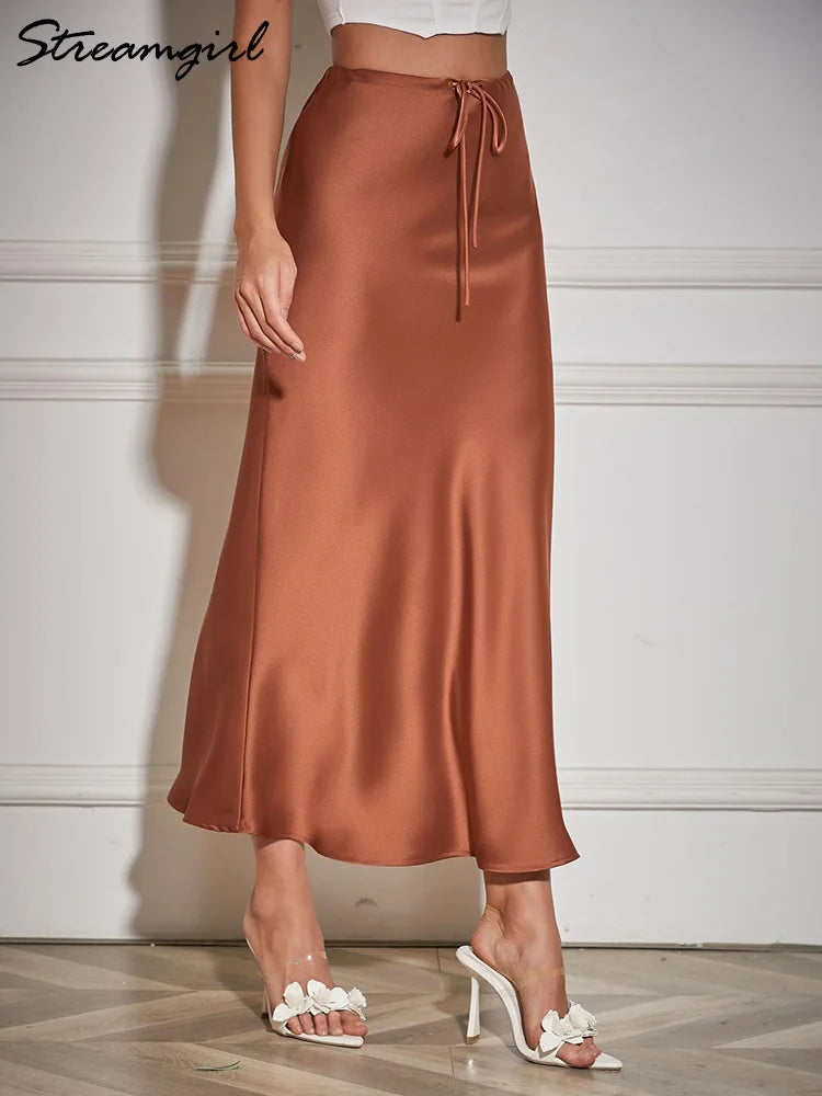 Satin Solid Drawstring A-Line Lace-Up Maxi Skirts