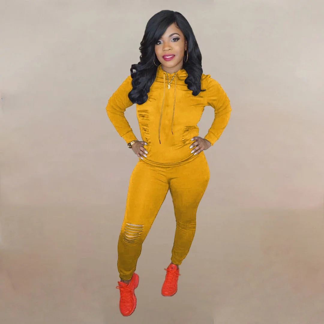 Drawstring Ripped Hollow-Out Women's Solid Color Hoodie Sweatshirt & Ripped Skinny Jogger Sweatpants Tracksuit
