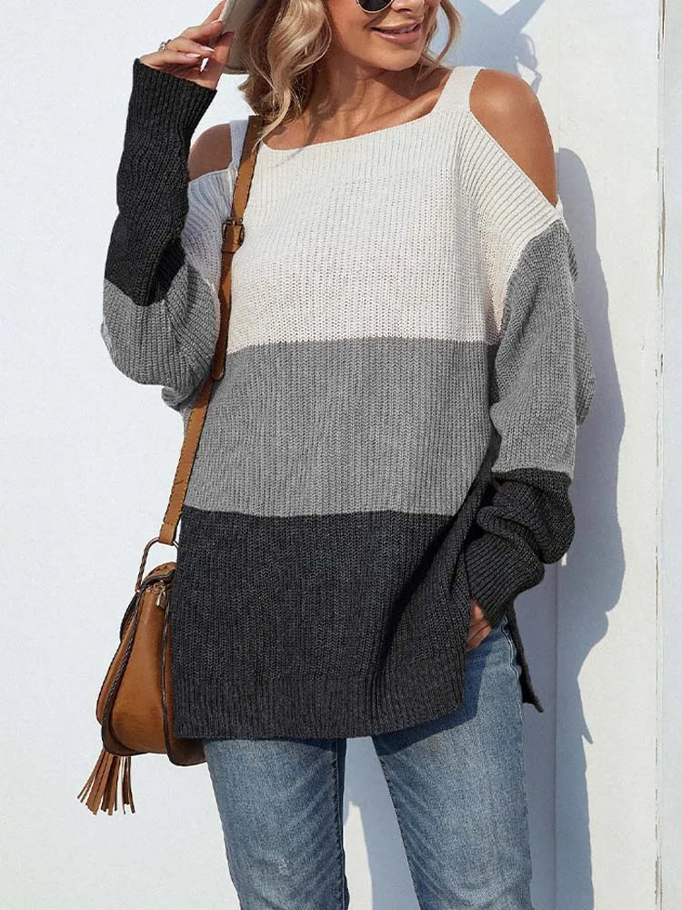 Striped/Solid Off Shoulder Knitted Loose Sweater