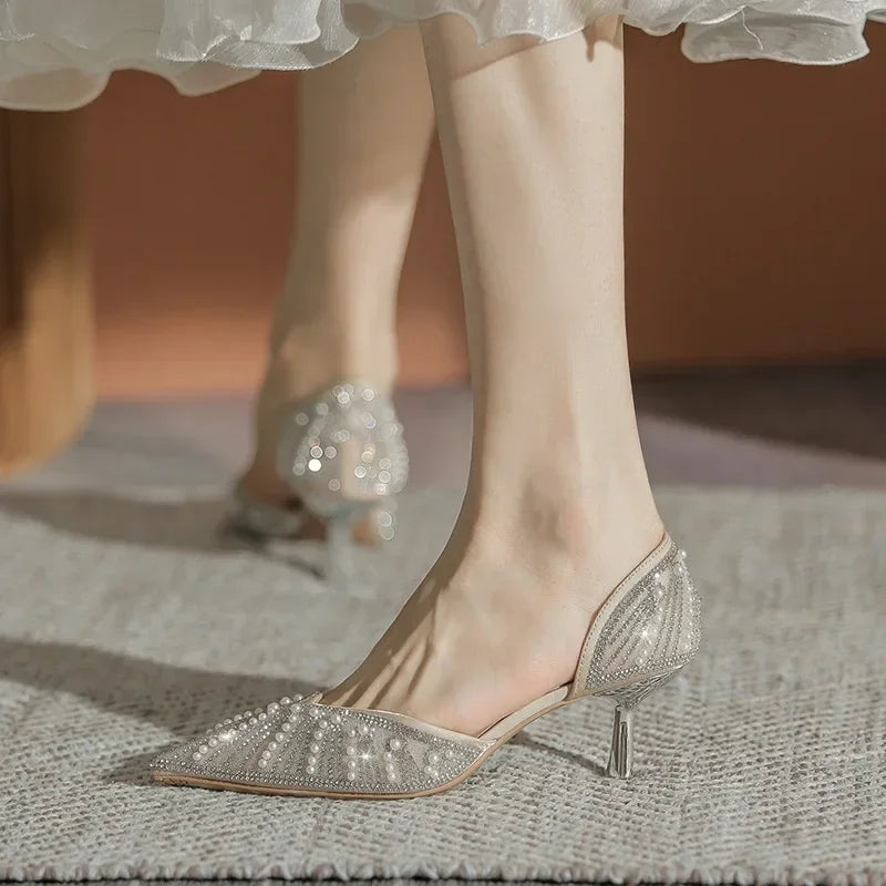 Crystal Pearl Rhinestone High Heel Thin Heels Mary Jane Low Heel Pumps