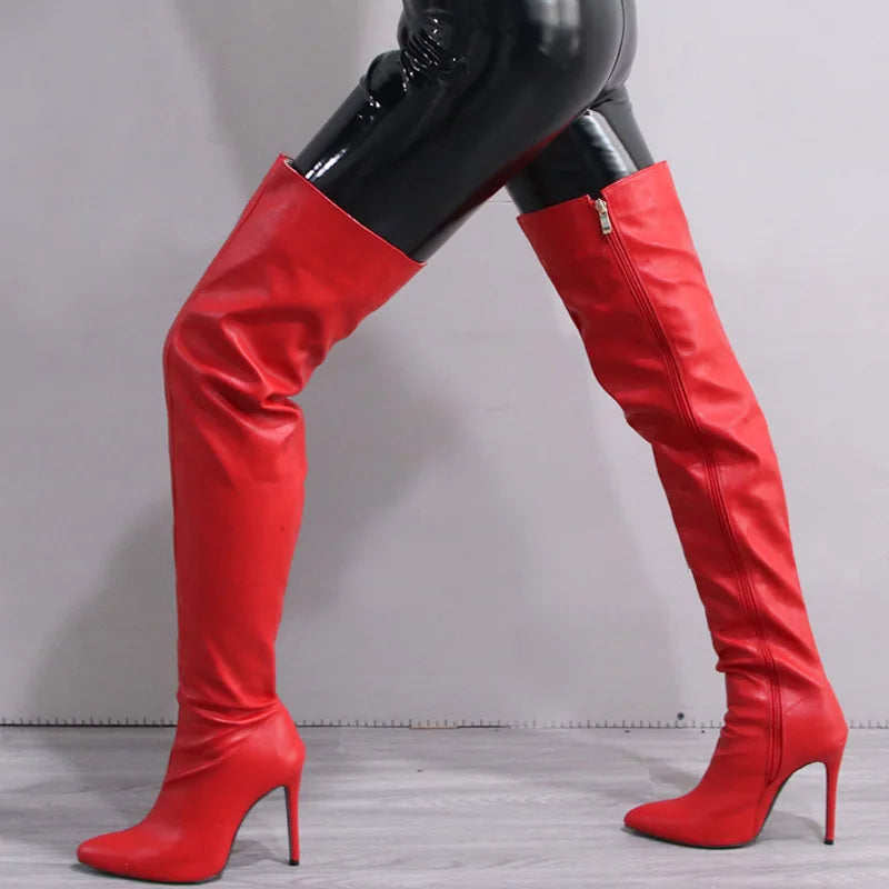 Solid Color Over-the-Knee Pointed Toe Stiletto Zipper Boots