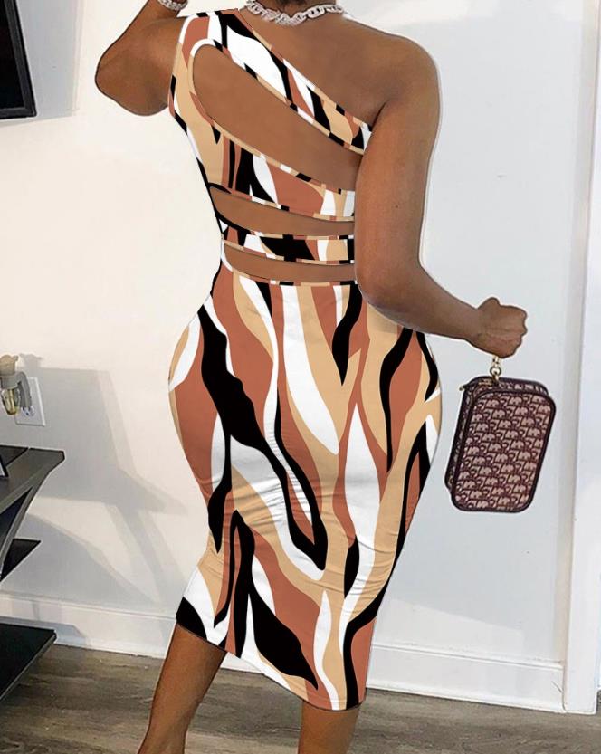 Abstract Print Cut-Out One Shoulder Bodycon Dress