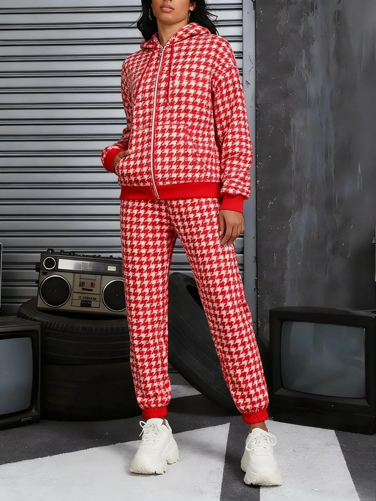 Drawstring Plaid Checker Colorblock/Houndstooth Print Women's Zipper Hoodie Jacket + Sweatpants Tracksuit