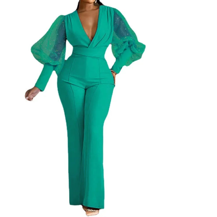 Mesh Sequin Lantern Sleeve Patchwork Deep V-Neck High Waist Formal Wide Leg Jumpsuit