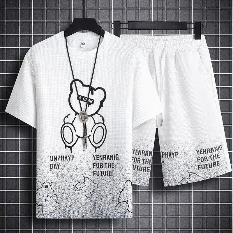 Men's Teddy Bear Print Waffle 3D Graphic Short Sleeve O-Neck T-Shirt + Drawstring Striped Hem Shorts 2-Piece Set