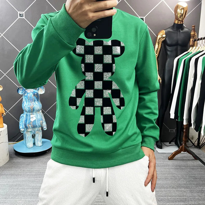 Men's O-Neck Rhinestone Checkered Teddy Bear Streetwear Sweatshirt