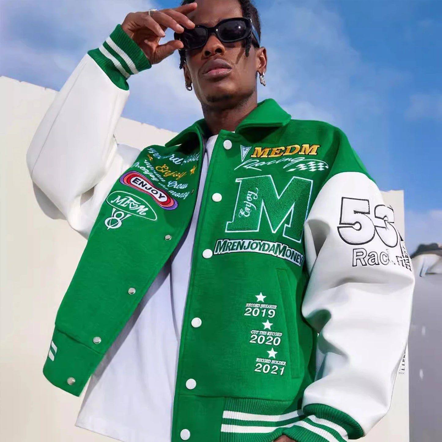 Unisex Varsity Letterman's Rib Sleeve Wool Baseball Bomber Patchwork Jackets