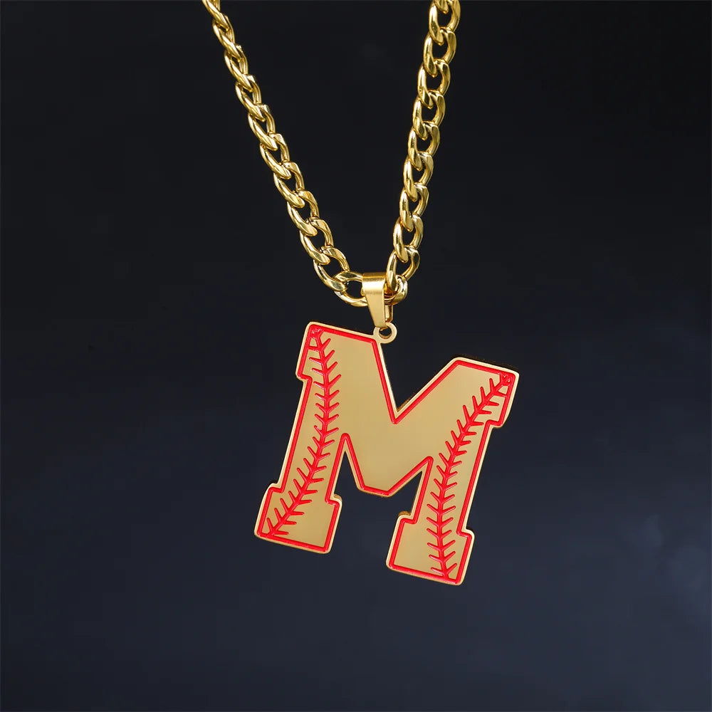 Baseball Pattern Sports Alphabet Initial Pendant Cuban Chain