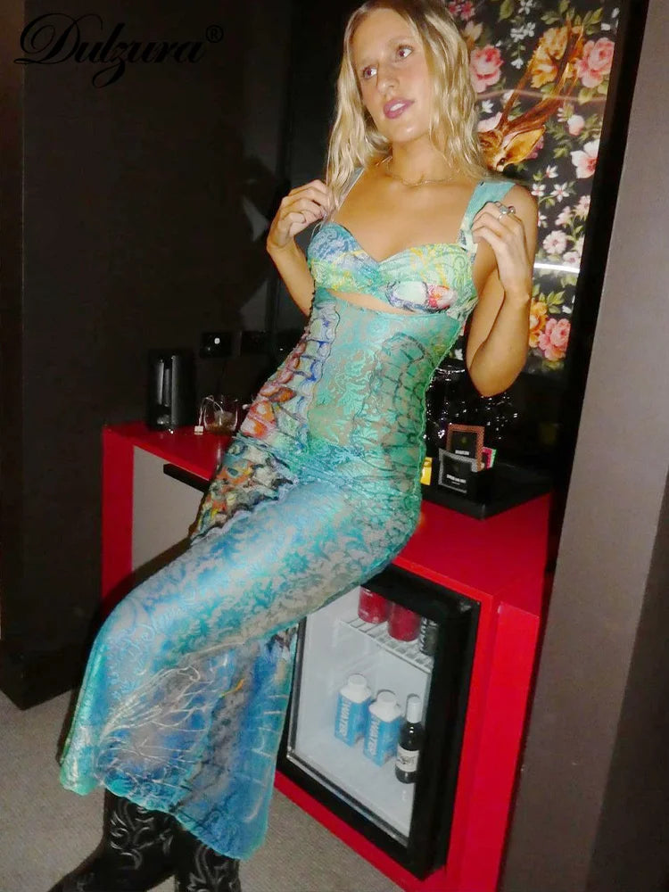 Floral Lace Print Cut-Out Spaghetti Strap Bodycon Skinny Fit Party/Club Streetwear Bandage Maxi Dress