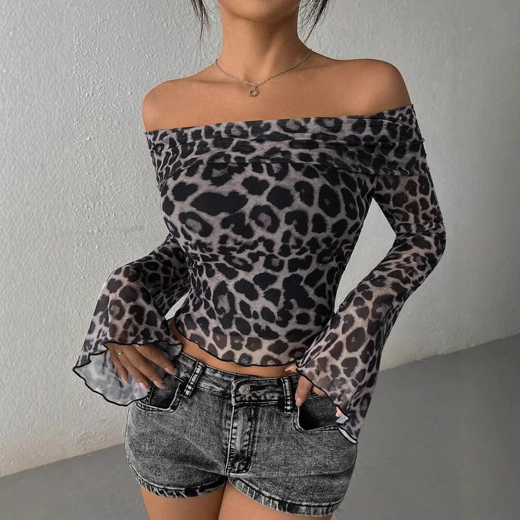 Leopard Print Off-the-Shoulder Streetwear Long Sleeve O-Neck Women's Shirt