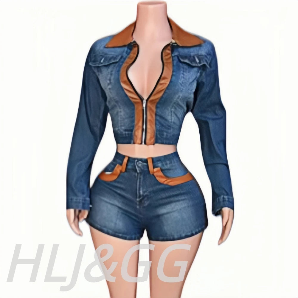 PU Leather Cropped Women's Zipper Biker Jacket + Mini Shorts 2-Piece Set