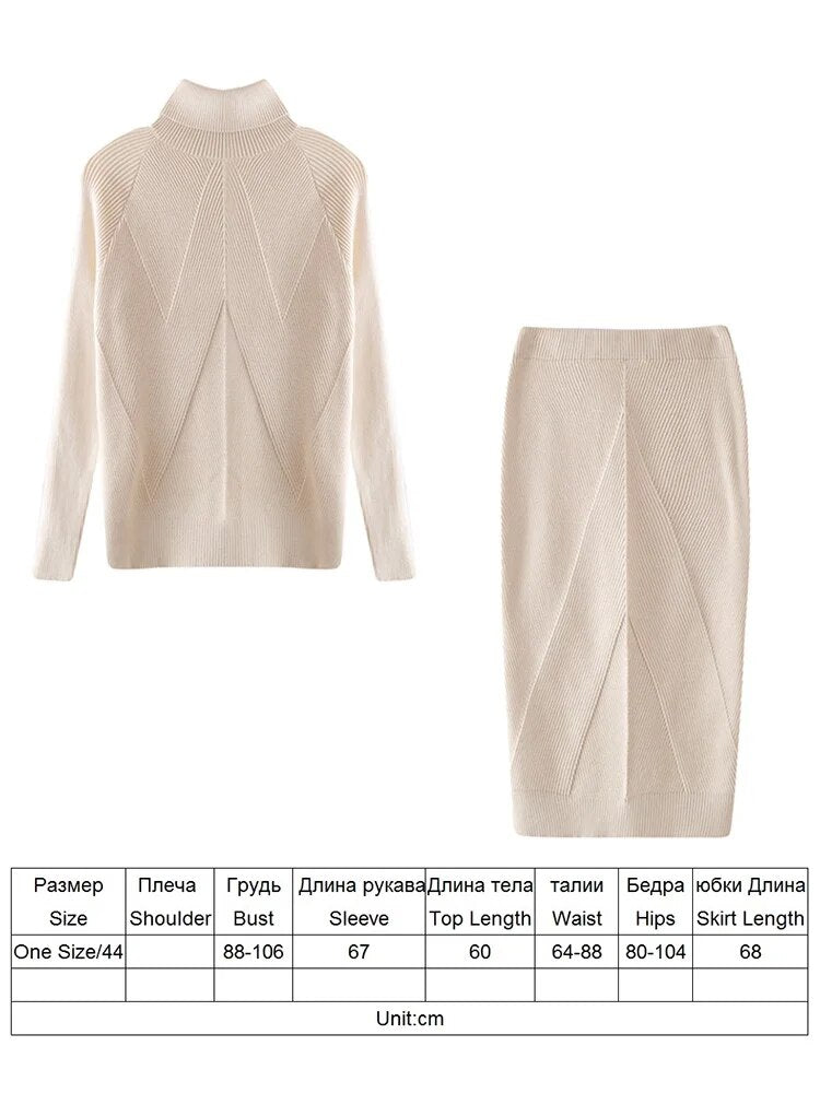 Women's Knitted Turtleneck Solid Pullover Sweater + Matching Skinny Fit Skirt 2-Piece Set