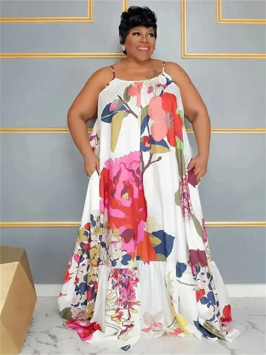 Tiered Hem Rainbow Leopard/Flower Print Sleeveless Fishtail Maxi Dress to 5X Plus Size