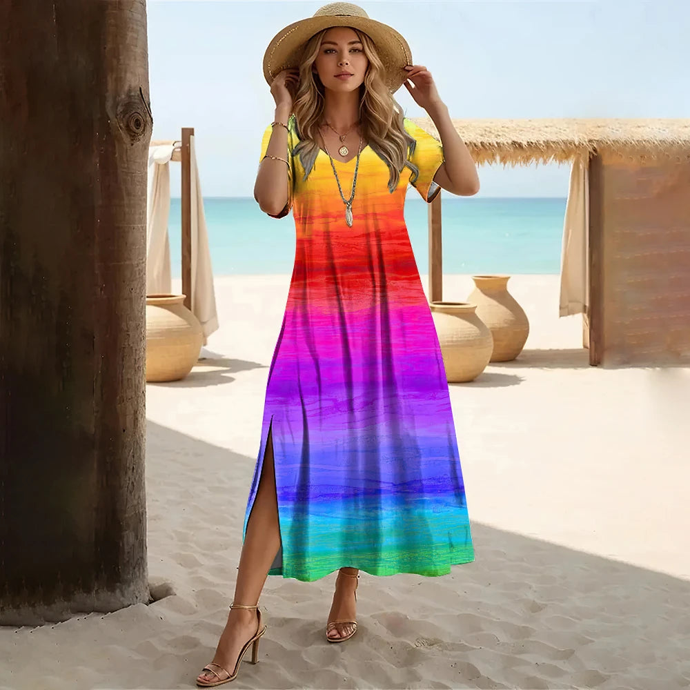 Striped Colorblock Rainbow Print V-Neck Short Sleeve High Slit Midi Sundress to 3X Plus Size