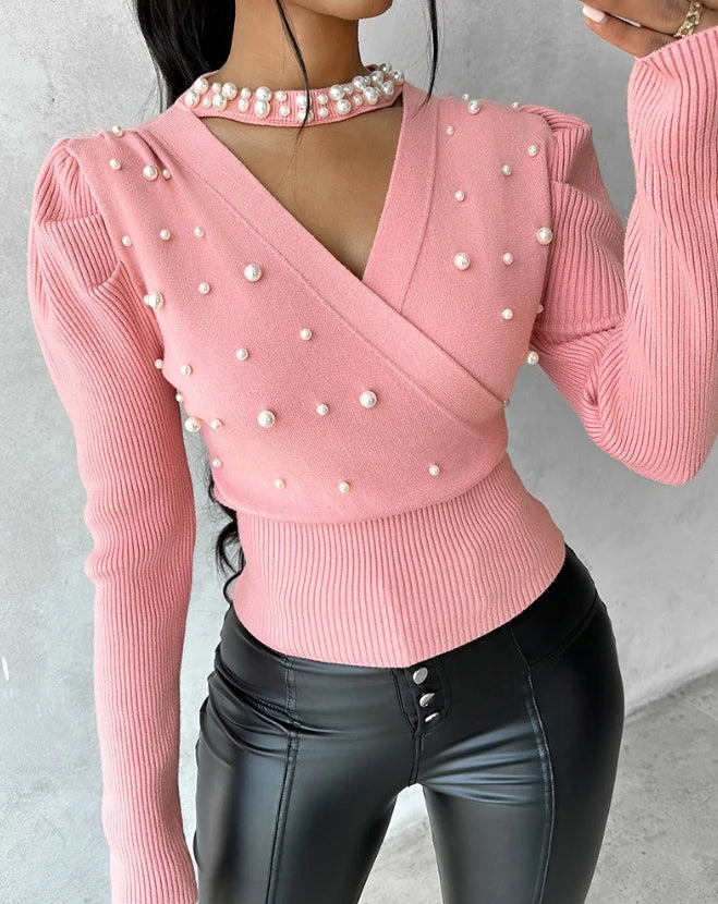 Pearl Embellished V-Neck Studded Beaded Knitted Women's Sweater