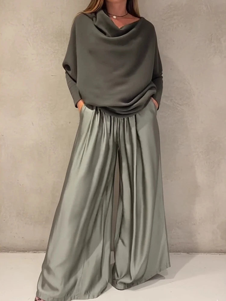 Satin Sleeveless Patchwork Long Sleeve Loose Women's Slash Neck Blouse Top + Wide Leg Pants 2-Piece Set
