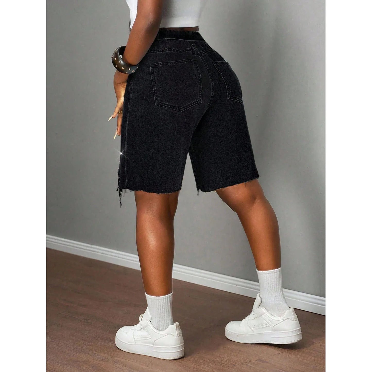 Denim Rhinestone Embellished Black Ripped Knee Length Women's Western Hip-Hop Jean Shorts