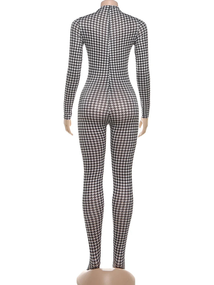 Turtleneck Houndstooth/Snakeskin Print O-Neck Long Sleeve Stretch Skinny Women's Streetwear Jumpsuit