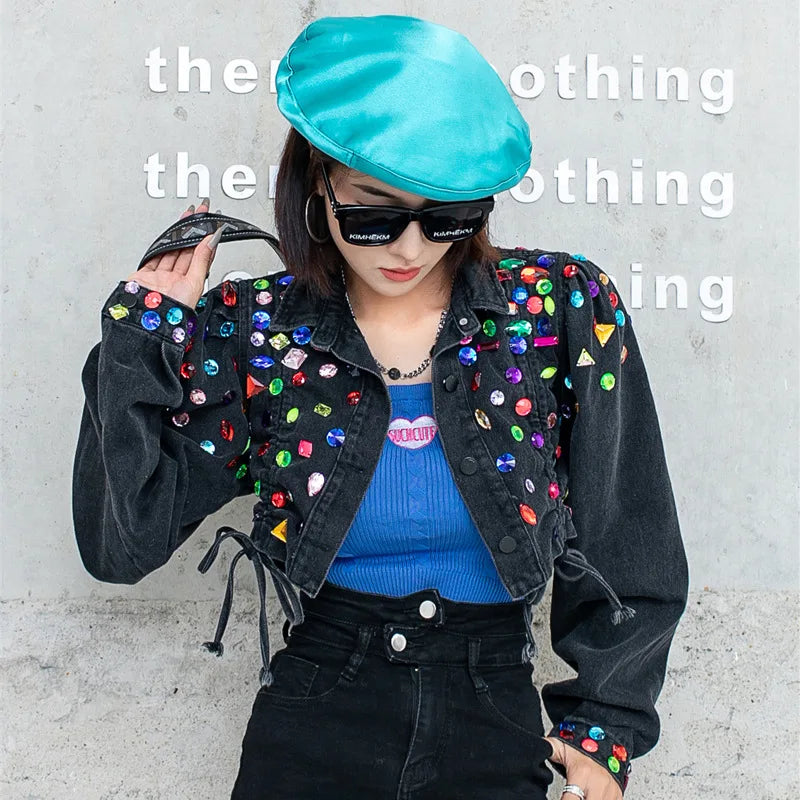 Retro Rhinestone Embellished Women's Denim Jean Jacket