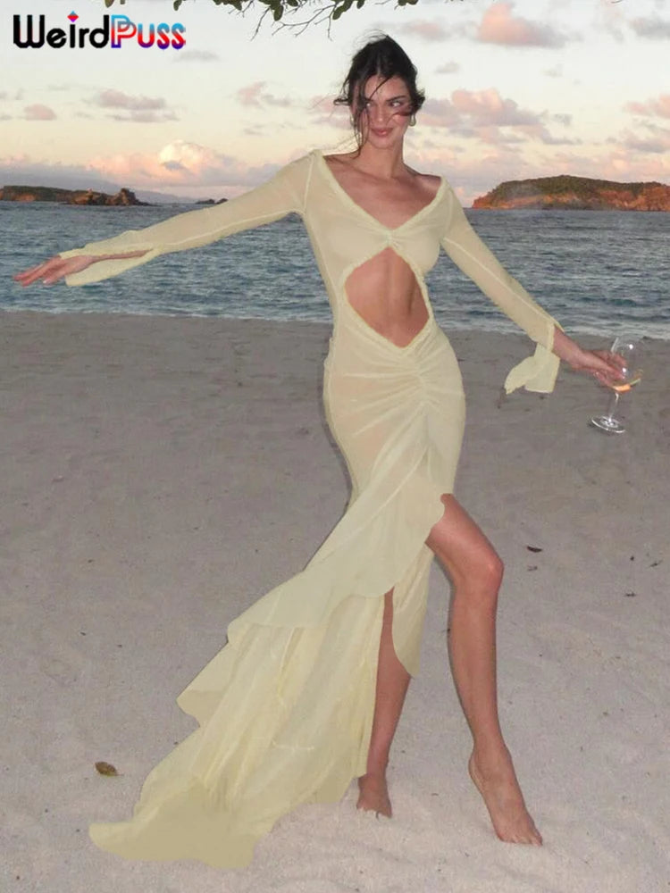 Sheer Hollow-Out V-Neck High Slit Long Sleeve Ruffled Lace Ruched Bodycon Maxi Beach Dress