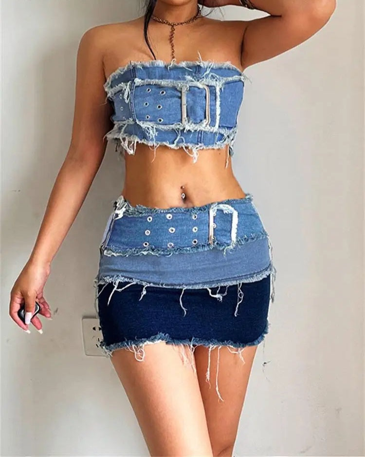 Blue Colorblock Strapless Belt Buckle Design Denim Cropped Bra + Belted Mini Jean Skirt 2-Piece Set