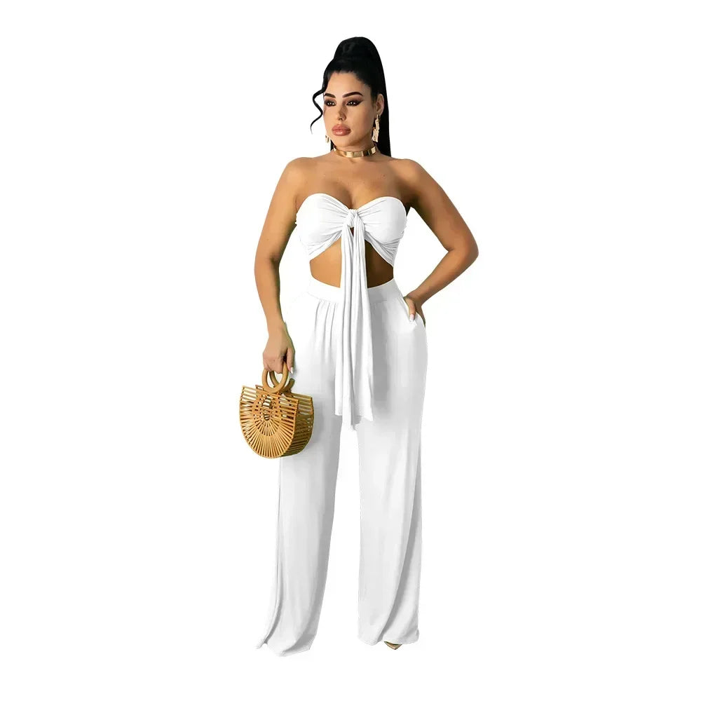 Strapless Hollow-Out  Hatler Neck Crop Top + Leggings Bodycon Solid Color Women's 2-Piece Set