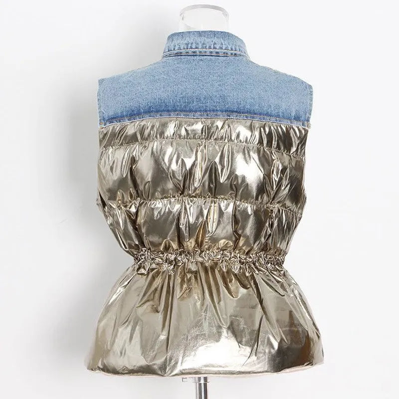 Denim Faux Leather Patchwork Turn-Down Collar Drawstring Women's Button-Up Sleeveless Spliced Denim Vest