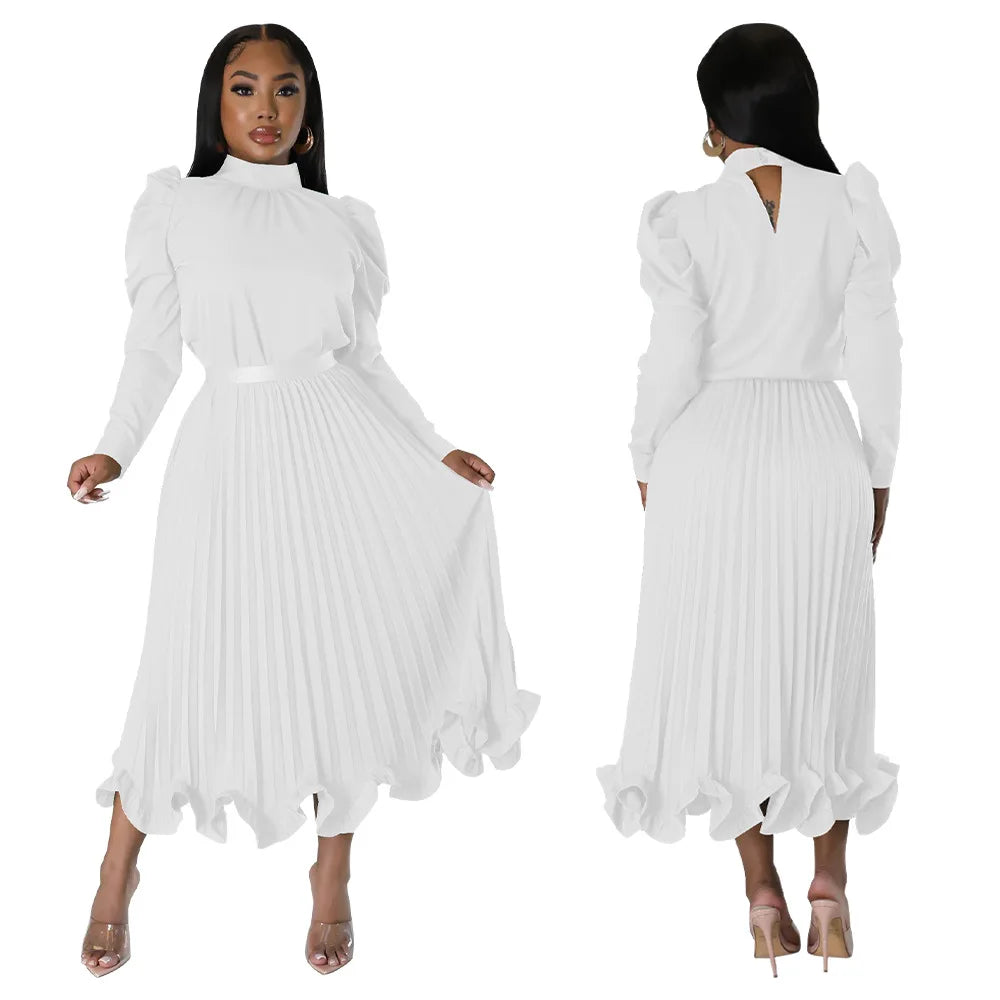 Women’s Solid Color O-Neck Lantern Sleeve Blouse + A-Line Flounce Formal Pleated Maxi Skirt w/ Sash Belt 2-Piece Set