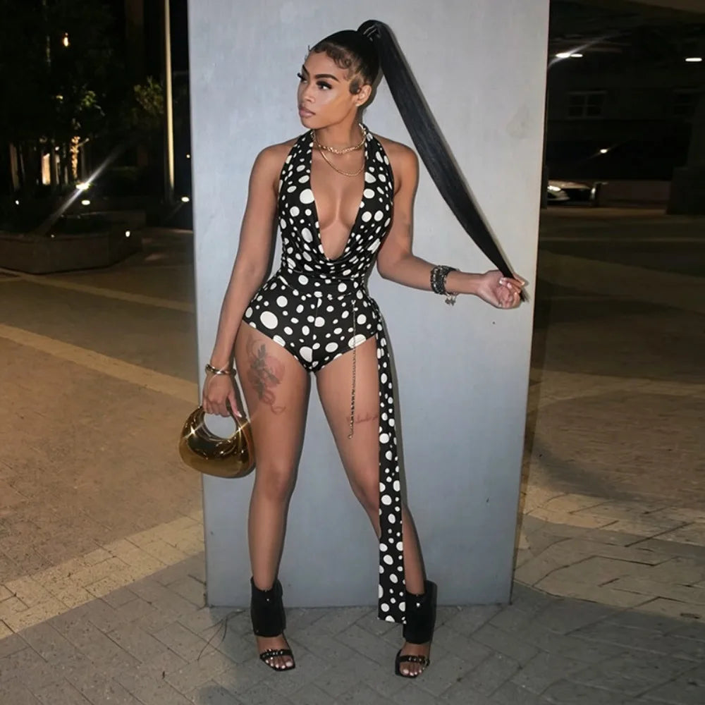 FLARORA Sexy Polka Dot Print 2 Piece Sets Woman Trend Halter V Neck Backless Ruched Tops And Ribbon Shorts Hottie Street Suits