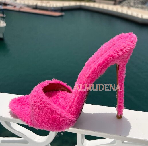 Pointed Toe Fur Mules Pencil Thin Heel Furry Stiletto Sandal Pumps