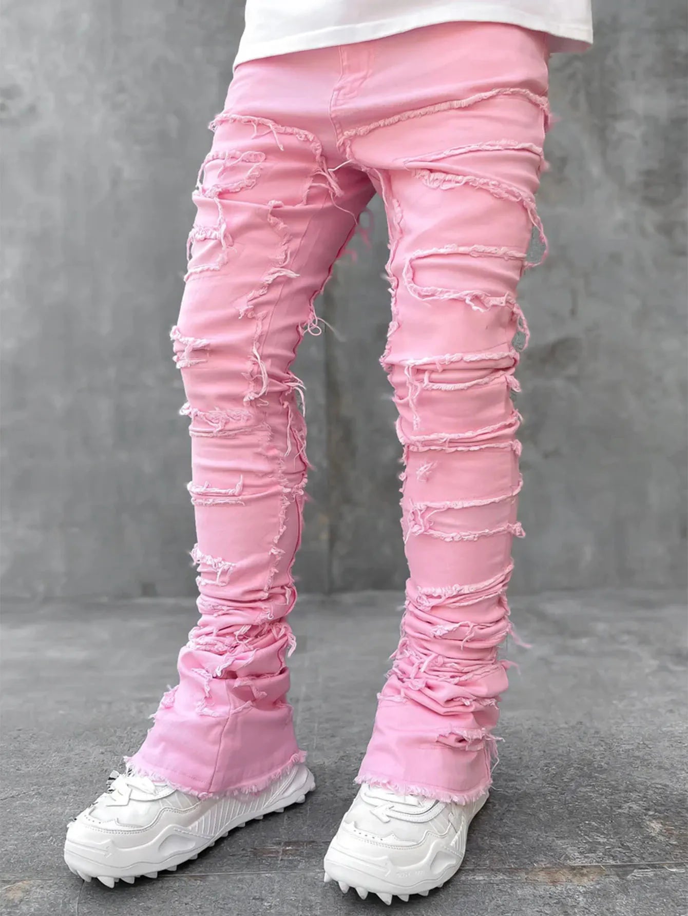 Men's Patchwork Ripped Stacked Denim Distressed Jeans