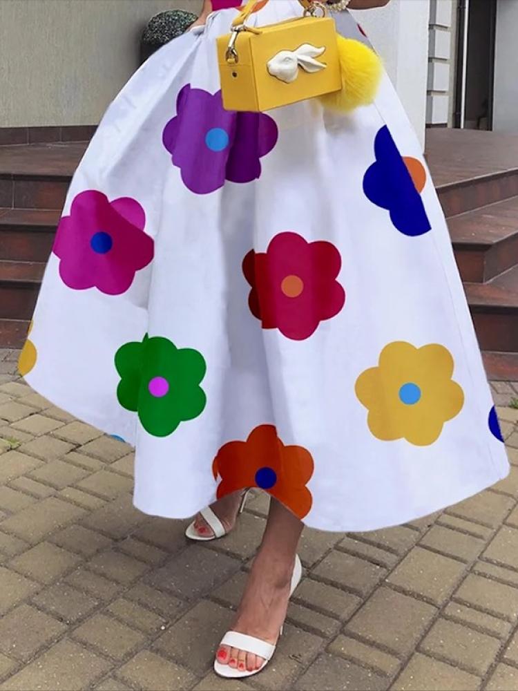 Floral Printed Square Neck Big Swing Evening Midi Dress