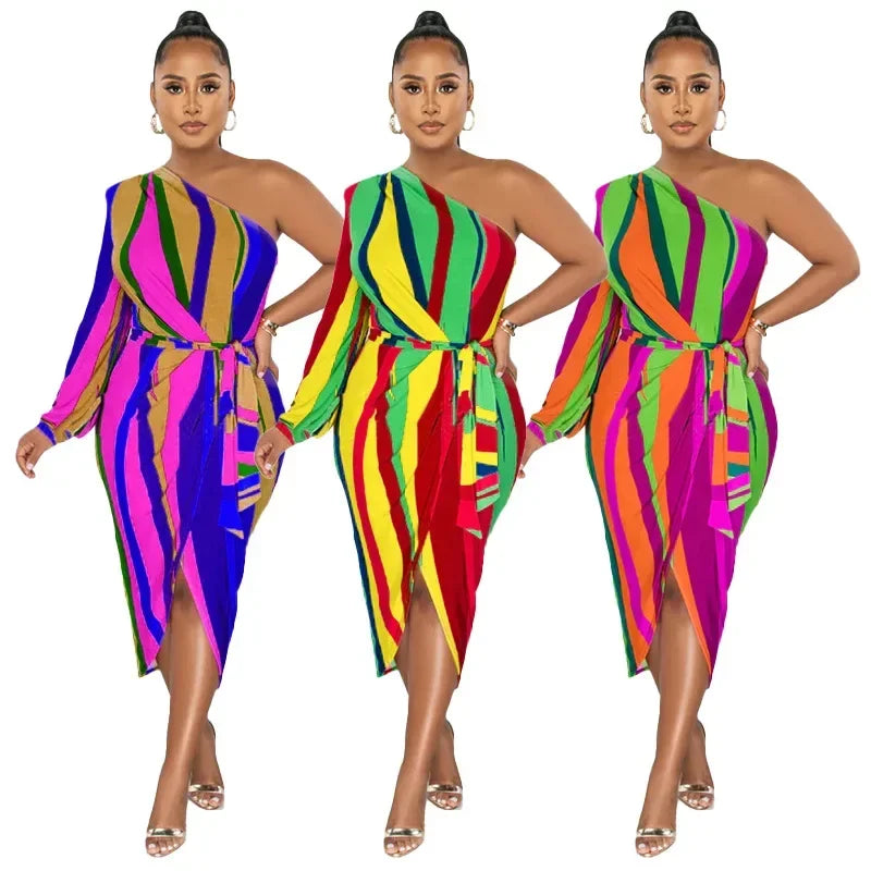 Asymmetrical Rainbow Striped Colorblock One Sleeve Loose Midi Dress w/Sash Belt