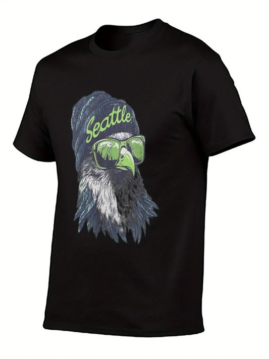 Seattle Seahawks 12th for Man Eagle w/ Sunglasses & Beanie Hat 3D Print Short Sleeve T-Shirt